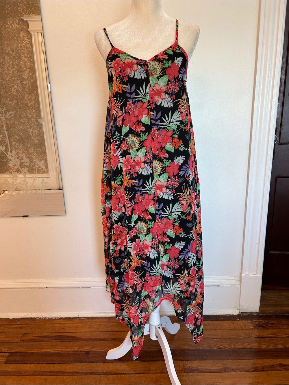 Floral Black Slip Dress with Red & Green Hibiscus Print